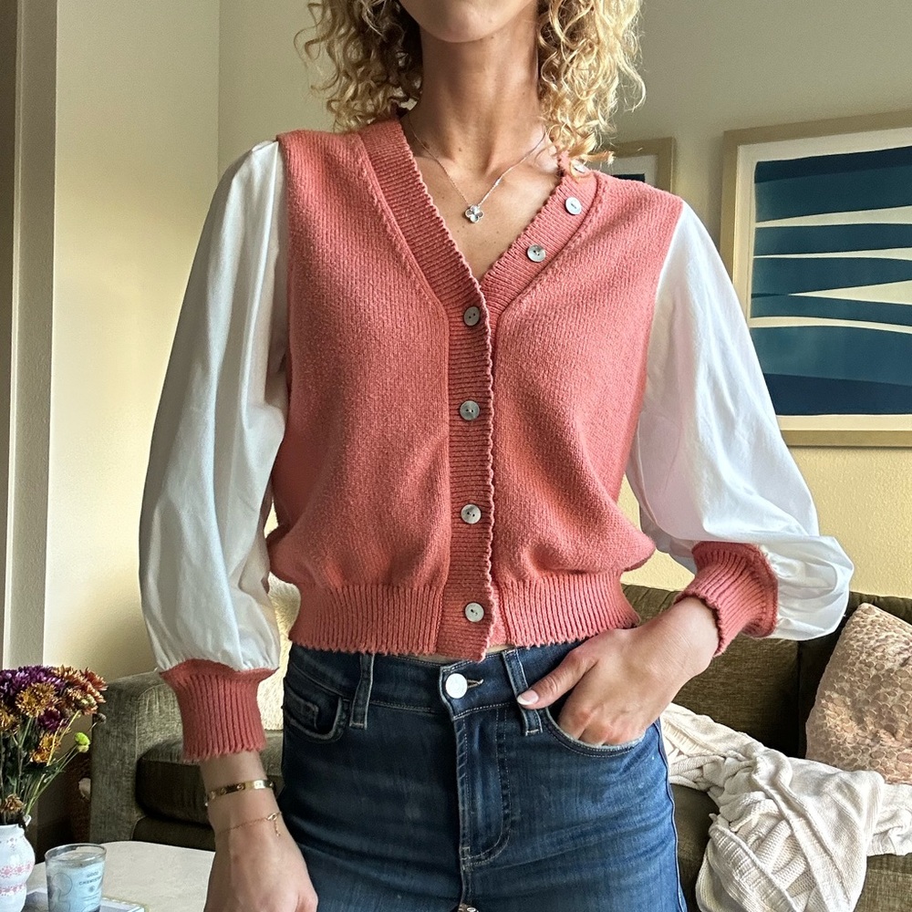 Cinq à Sept Pink and White Cardigan Sweater